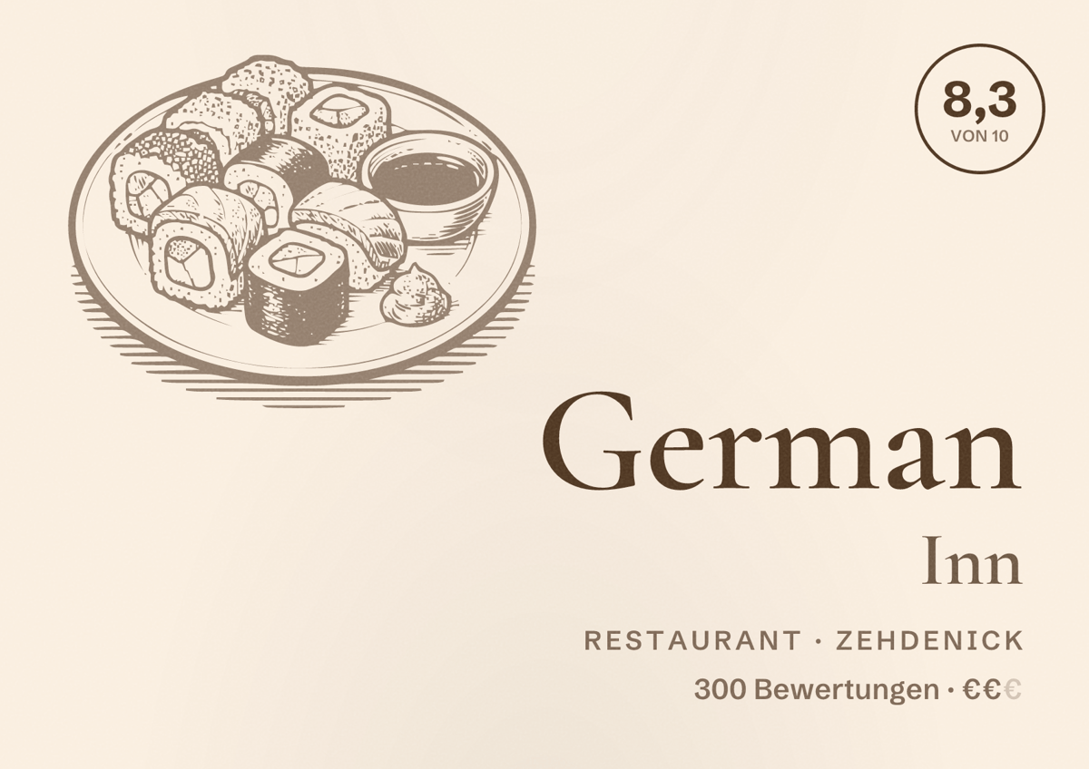 Illustriertes Poster von German Inn, Restaurant in Zehdenick: Bewertung 8,3 von 10 aus 300 Bewertungen, Preisniveau €€