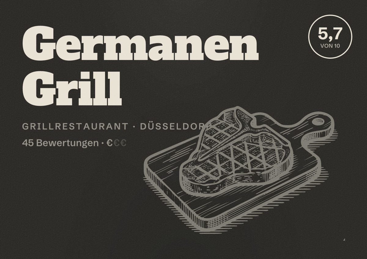Illustriertes Poster von Germanen Grill, Grillrestaurant in Düsseldorf: Bewertung 5,7 von 10 aus 45 Bewertungen, Preisniveau €