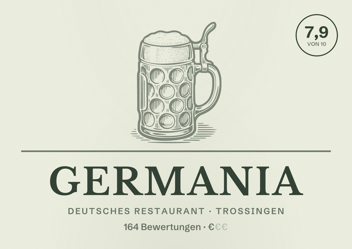 Illustriertes Poster von Germania, Deutsches Restaurant in Trossingen: Bewertung 7,9 von 10 aus 164 Bewertungen, Preisniveau €