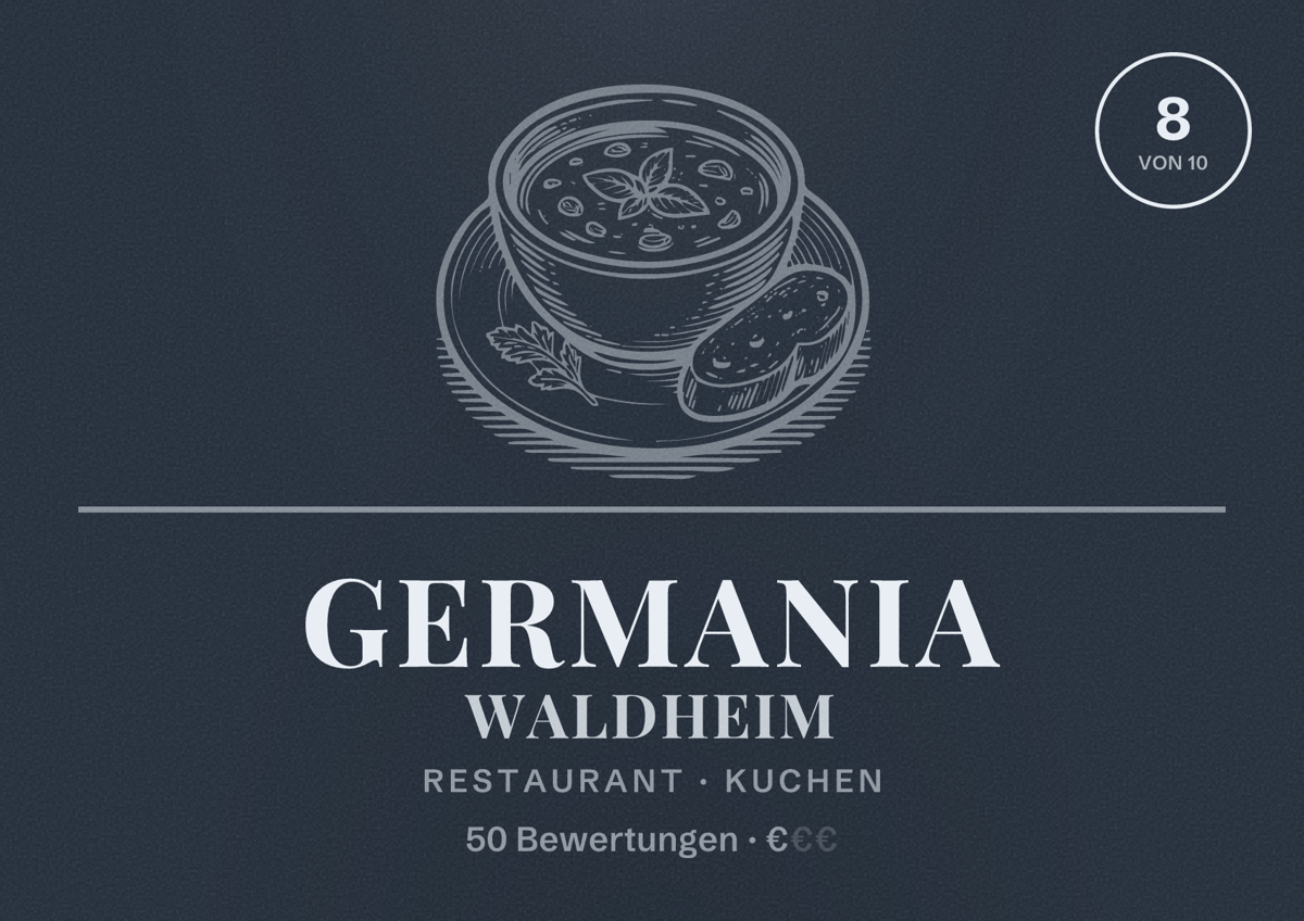 Illustriertes Poster von Germania Waldheim, Restaurant in Kuchen: Bewertung 8 von 10 aus 50 Bewertungen, Preisniveau €