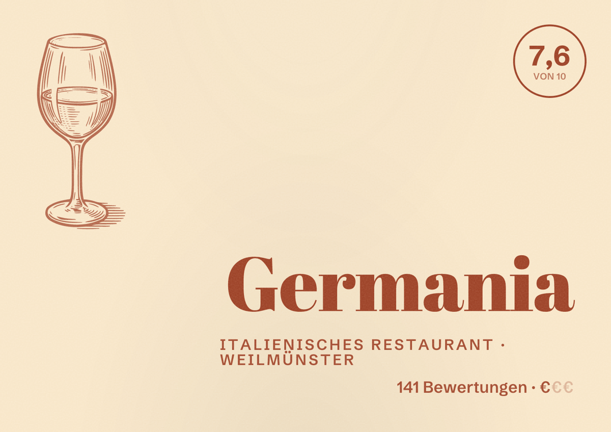 Illustriertes Poster von Germania, Italienisches Restaurant in Weilmünster: Bewertung 7,6 von 10 aus 141 Bewertungen, Preisniveau €