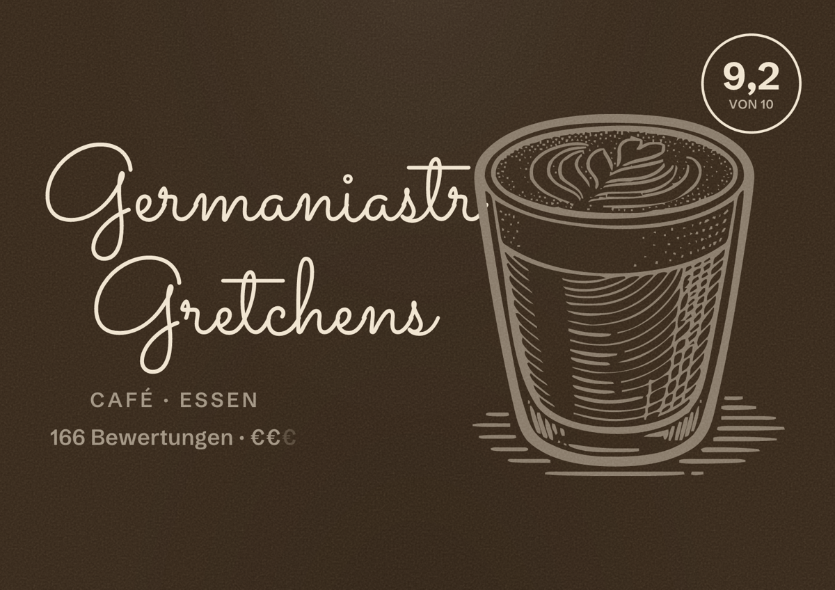 Illustriertes Poster von Germaniastr Gretchens, Café in Essen: Bewertung 9,2 von 10 aus 166 Bewertungen, Preisniveau €€