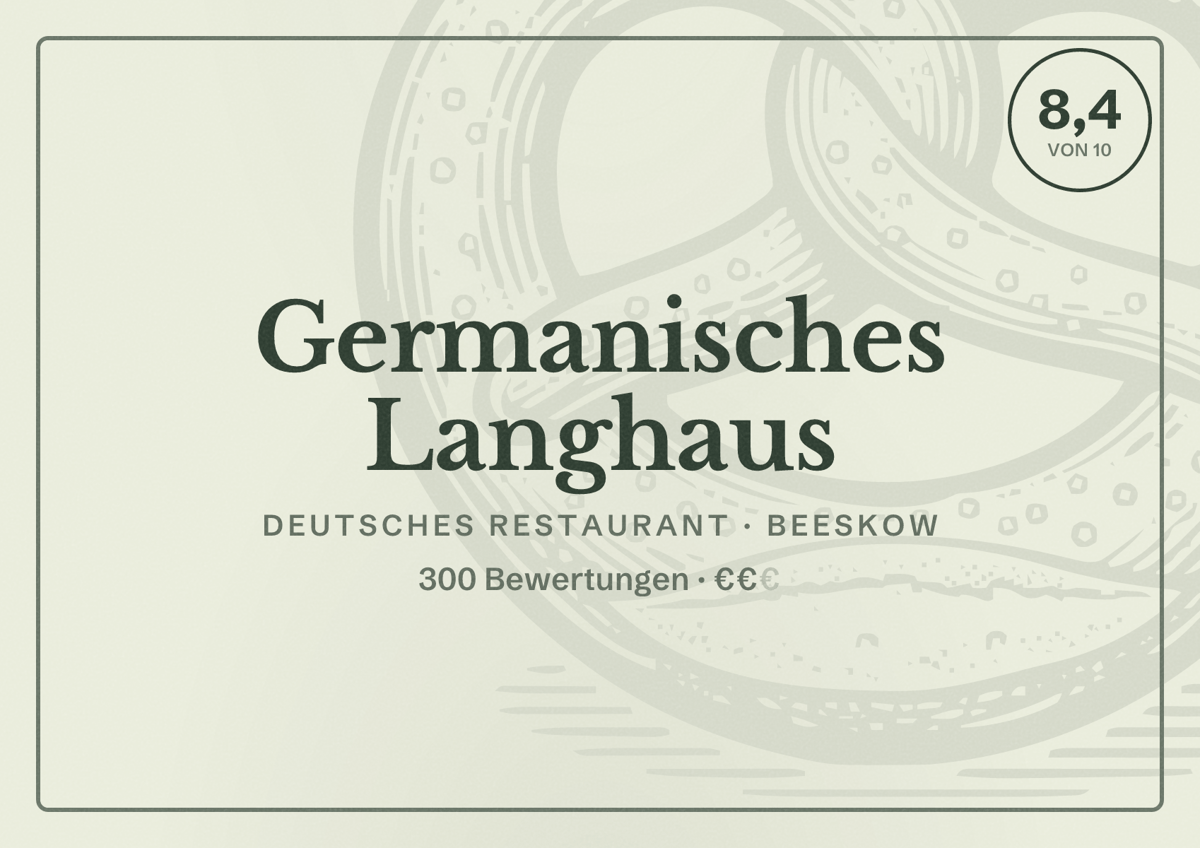 Illustriertes Poster von Germanisches Langhaus, Deutsches Restaurant in Beeskow: Bewertung 8,4 von 10 aus 300 Bewertungen, Preisniveau €€
