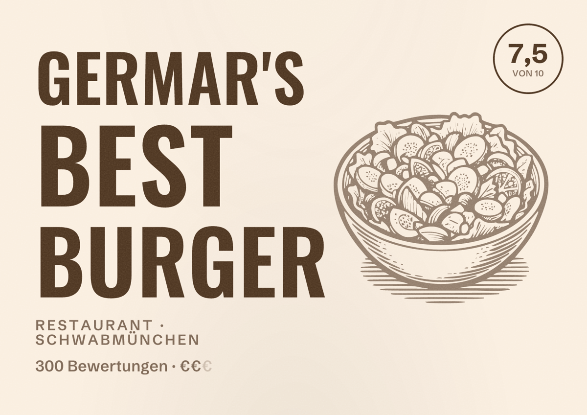 Illustriertes Poster von Germar's Best Burger, Restaurant in Schwabmünchen: Bewertung 7,5 von 10 aus 300 Bewertungen, Preisniveau €€