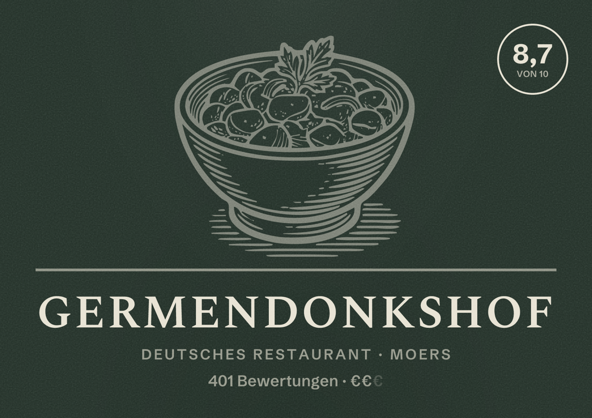 Illustriertes Poster von Germendonkshof, Deutsches Restaurant in Moers: Bewertung 8,7 von 10 aus 401 Bewertungen, Preisniveau €€