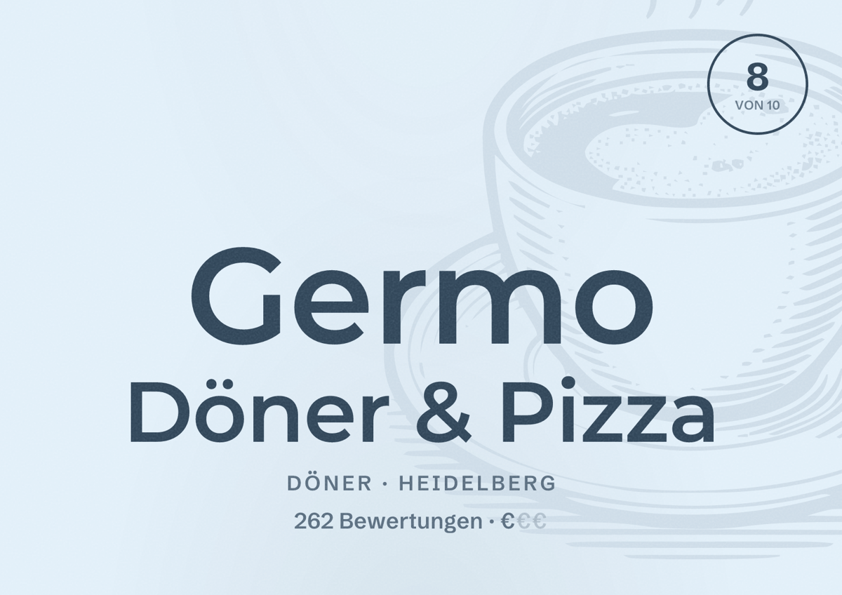 Illustriertes Poster von Germo Döner & Pizza, Döner in Heidelberg: Bewertung 8,0 von 10 aus 262 Bewertungen, Preisniveau €