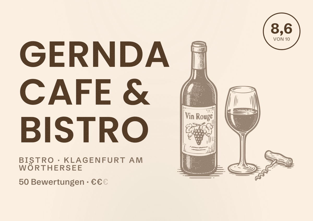 Illustriertes Poster von gernda Cafe & Bistro, Bistro in Klagenfurt am Wörthersee: Bewertung 8,6 von 10 aus 50 Bewertungen, Preisniveau €€