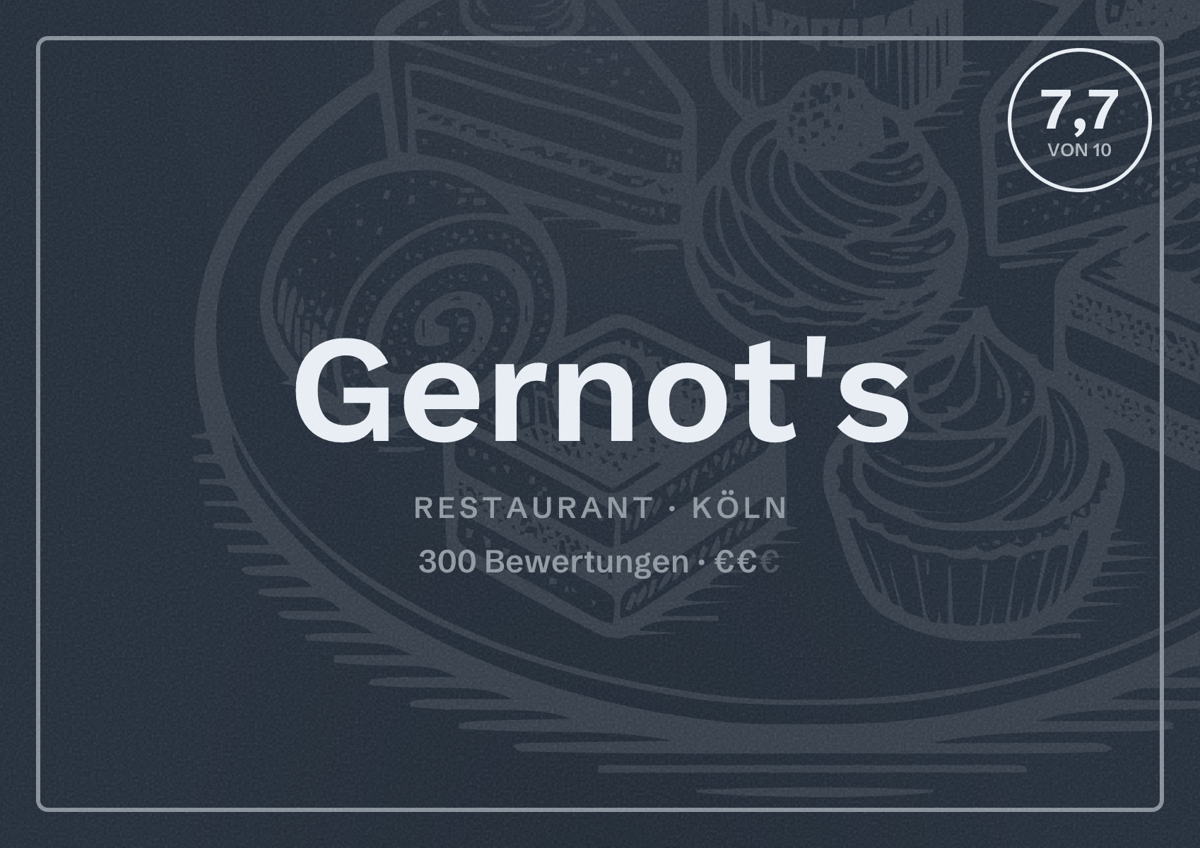 Illustriertes Poster von Gernot's, Restaurant in Köln: Bewertung 7,7 von 10 aus 300 Bewertungen, Preisniveau €€