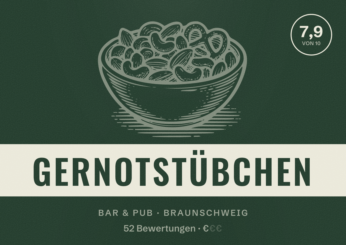 Illustriertes Poster von Gernotstübchen, Bar & Pub in Braunschweig: Bewertung 7,9 von 10 aus 52 Bewertungen, Preisniveau €