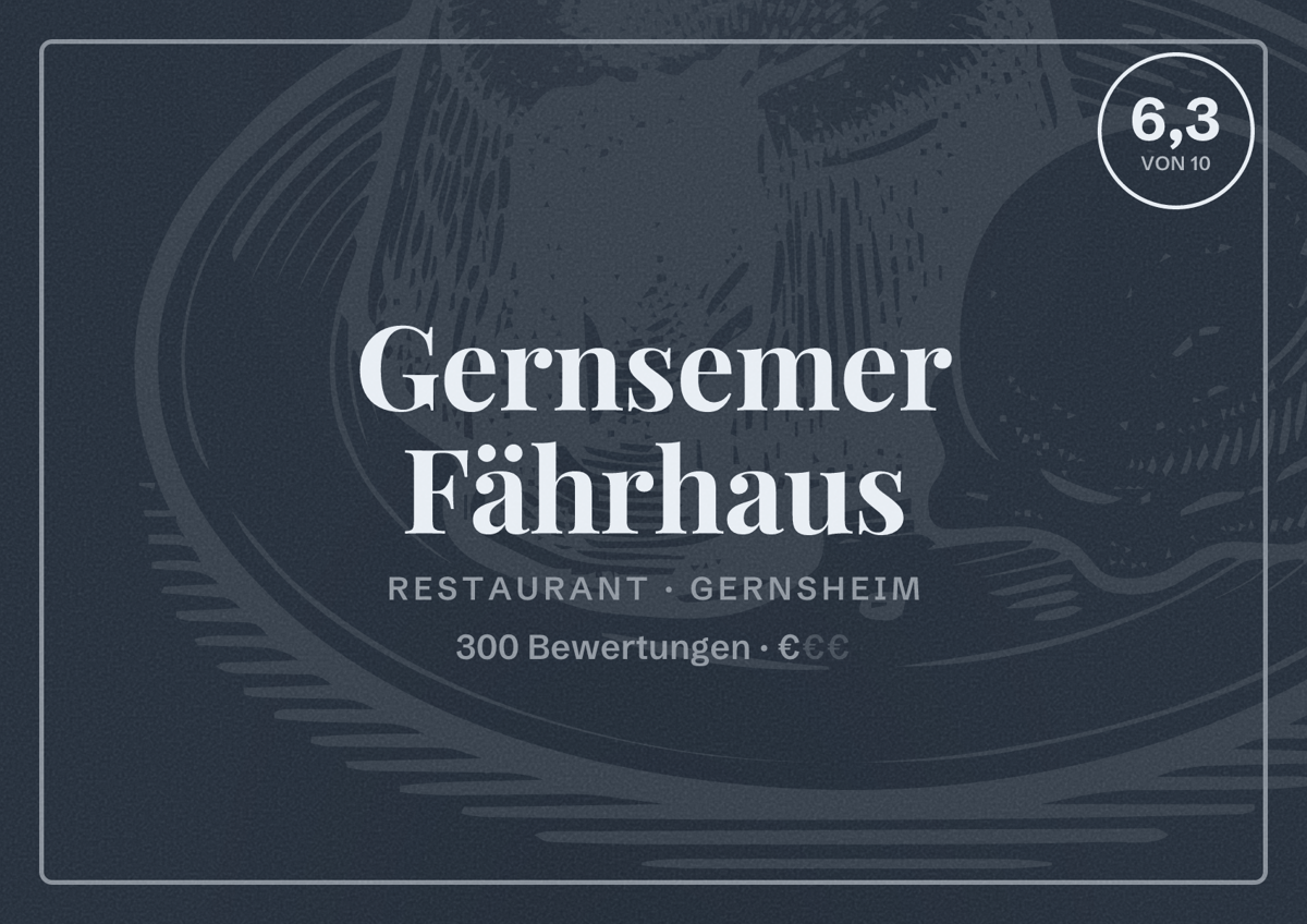 Illustriertes Poster von Gernsemer Fährhaus, Restaurant in Gernsheim: Bewertung 6,3 von 10 aus 300 Bewertungen, Preisniveau €