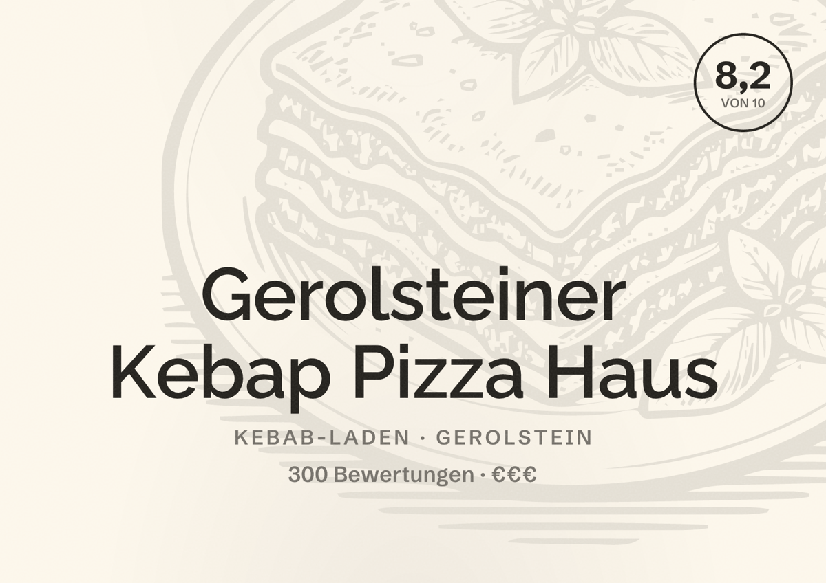 Illustriertes Poster von Gerolsteiner Kebap Pizza Haus, Kebab-Laden in Gerolstein: Bewertung 8,2 von 10 aus 300 Bewertungen, Preisniveau €€€
