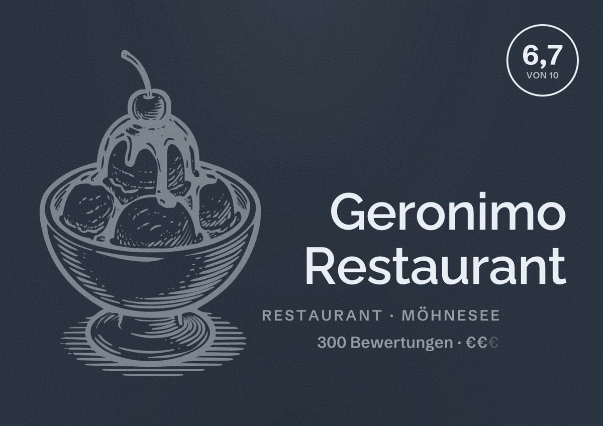 Illustriertes Poster von Geronimo Restaurant, Restaurant in Möhnesee: Bewertung 6,7 von 10 aus 300 Bewertungen, Preisniveau €€