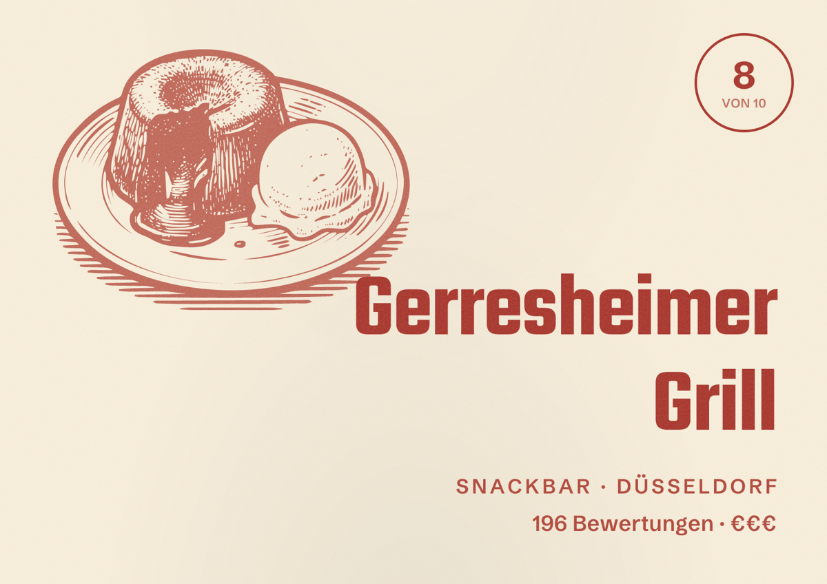 Illustriertes Poster von Gerresheimer Grill, Snackbar in Düsseldorf: Bewertung 8,0 von 10 aus 196 Bewertungen, Preisniveau €€€