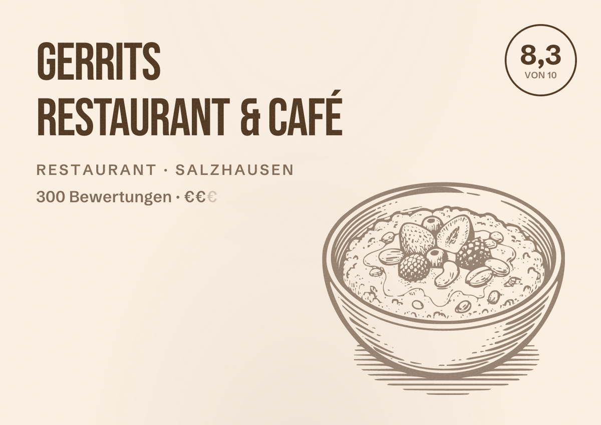 Illustriertes Poster von GERRITS Restaurant & Café, Restaurant in Salzhausen: Bewertung 8,3 von 10 aus 300 Bewertungen, Preisniveau €€