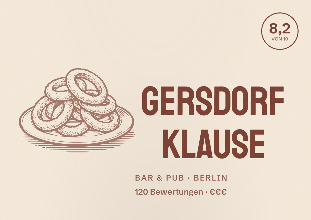 Illustriertes Poster von Gersdorf Klause, Bar & Pub in Berlin: Bewertung 8,2 von 10 aus 120 Bewertungen, Preisniveau €€€