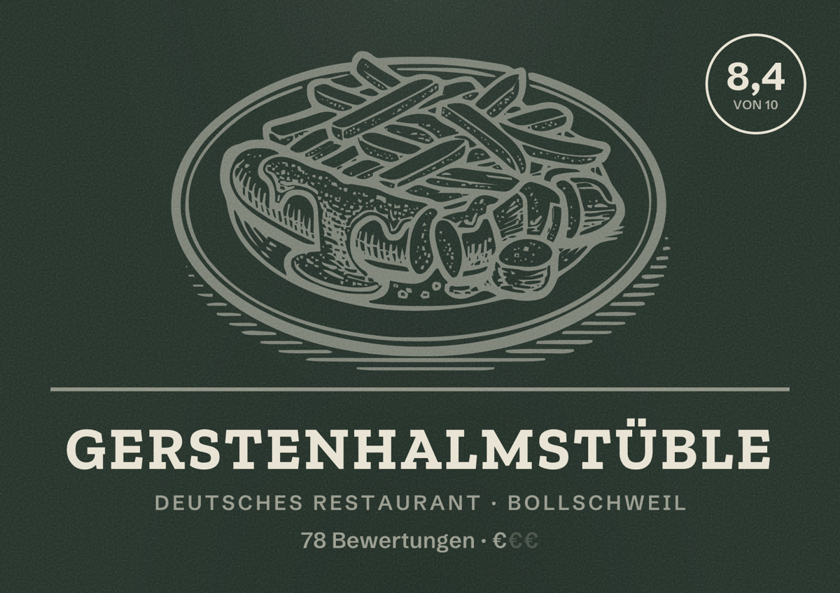 Illustriertes Poster von Gerstenhalmstüble, Deutsches Restaurant in Bollschweil: Bewertung 8,4 von 10 aus 78 Bewertungen, Preisniveau €