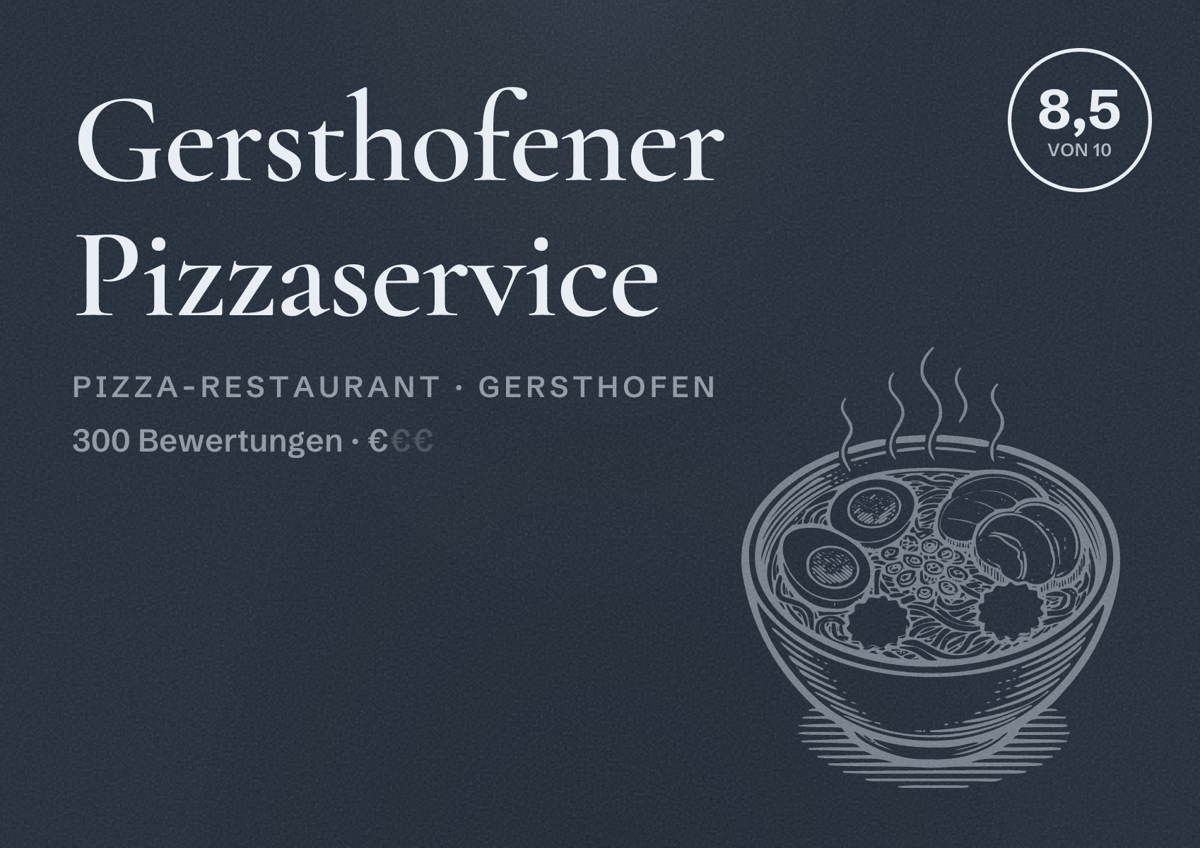 Illustriertes Poster von Gersthofener Pizzaservice, Pizza-Restaurant in Gersthofen: Bewertung 8,5 von 10 aus 300 Bewertungen, Preisniveau €