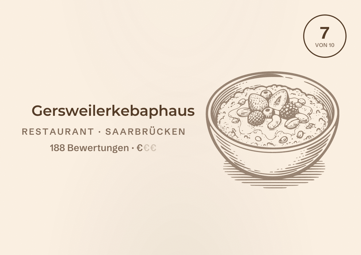 Illustriertes Poster von Gersweilerkebaphaus, Restaurant in Saarbrücken: Bewertung 7,0 von 10 aus 188 Bewertungen, Preisniveau €