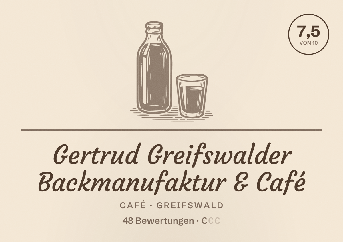 Illustriertes Poster von Gertrud Greifswalder Backmanufaktur & Café, Café in Greifswald: Bewertung 7,5 von 10 aus 48 Bewertungen, Preisniveau €