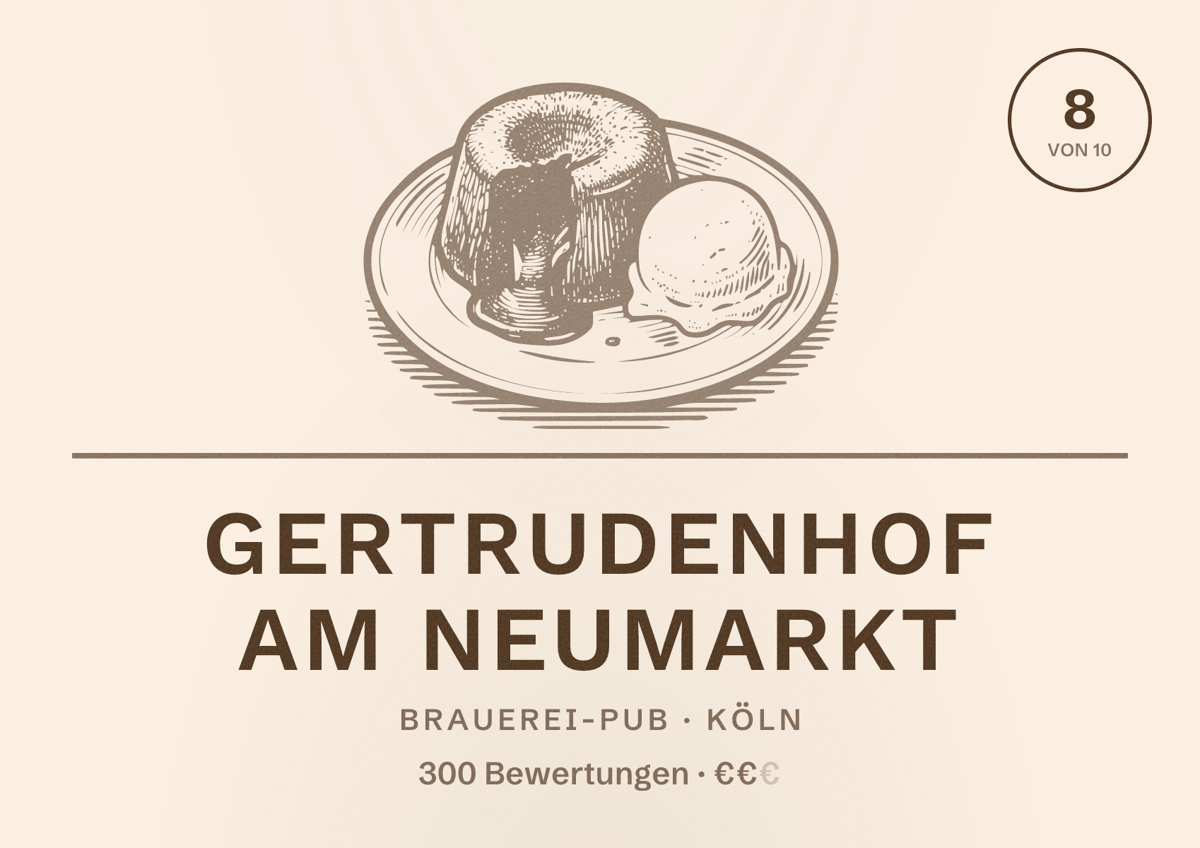 Illustriertes Poster von Gertrudenhof am Neumarkt, Brauerei-Pub in Köln: Bewertung 8,0 von 10 aus 300 Bewertungen, Preisniveau €€