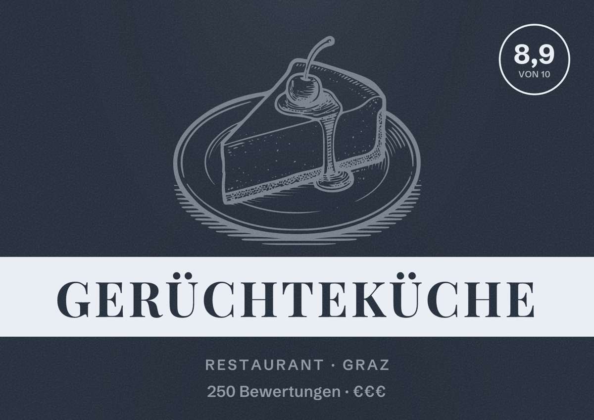Illustriertes Poster von Gerüchteküche, Restaurant in Graz: Bewertung 8,9 von 10 aus 250 Bewertungen, Preisniveau €€€