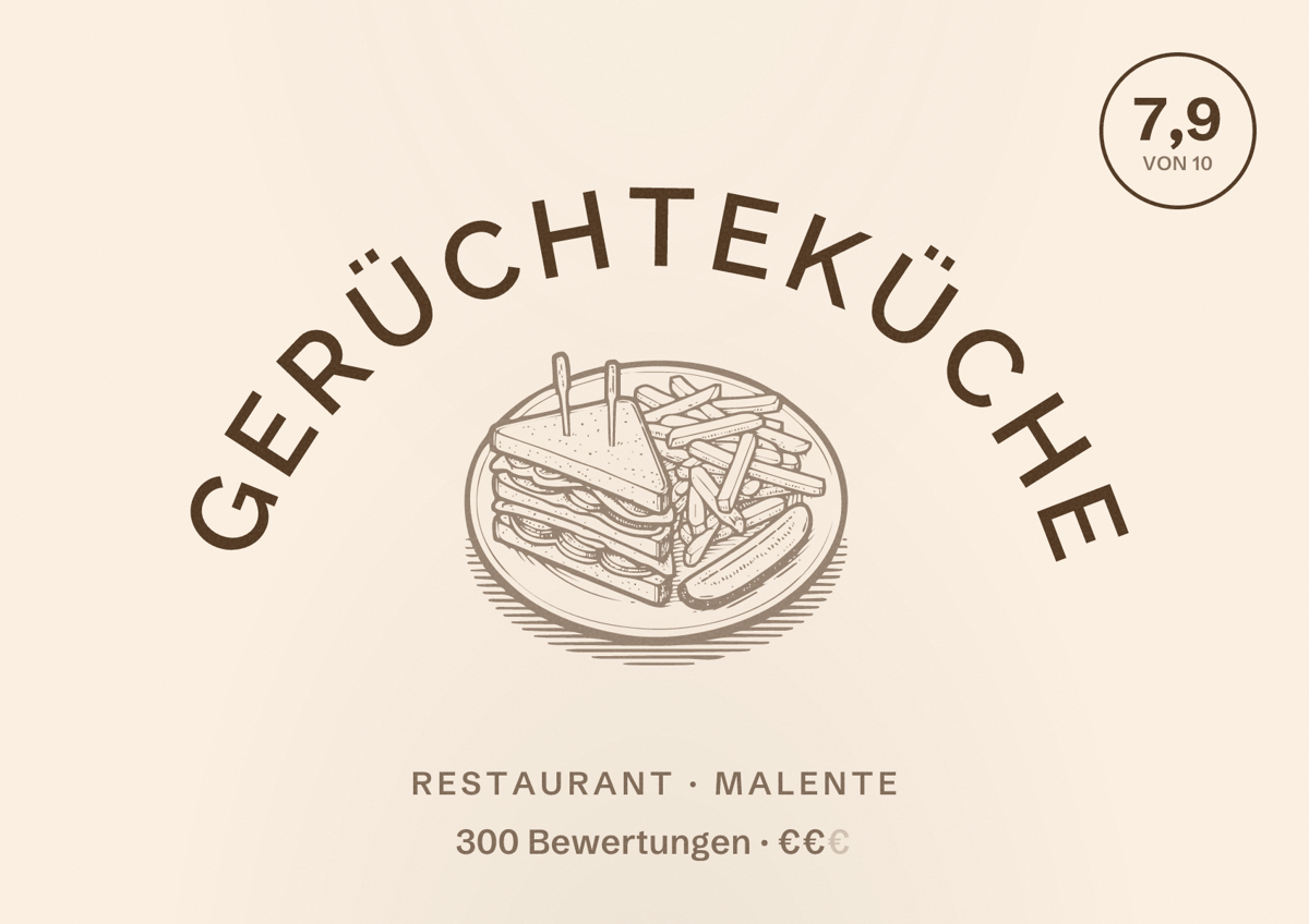 Illustriertes Poster von Gerüchteküche, Restaurant in Malente: Bewertung 7,9 von 10 aus 300 Bewertungen, Preisniveau €€
