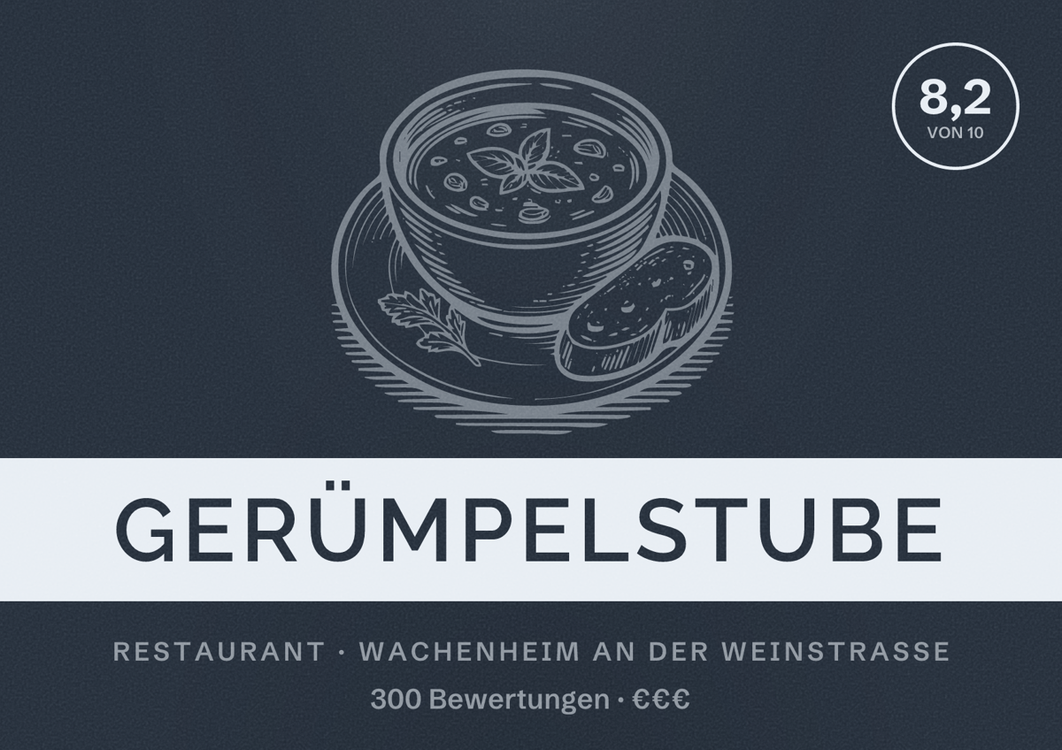 Illustriertes Poster von Gerümpelstube, Restaurant in Wachenheim an der Weinstraße: Bewertung 8,2 von 10 aus 300 Bewertungen, Preisniveau €€€