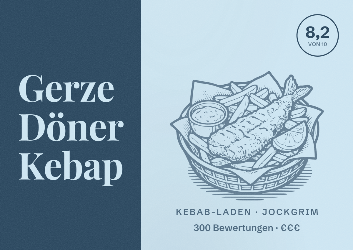 Illustriertes Poster von Gerze Döner Kebap, Kebab-Laden in Jockgrim: Bewertung 8,2 von 10 aus 300 Bewertungen, Preisniveau €€€