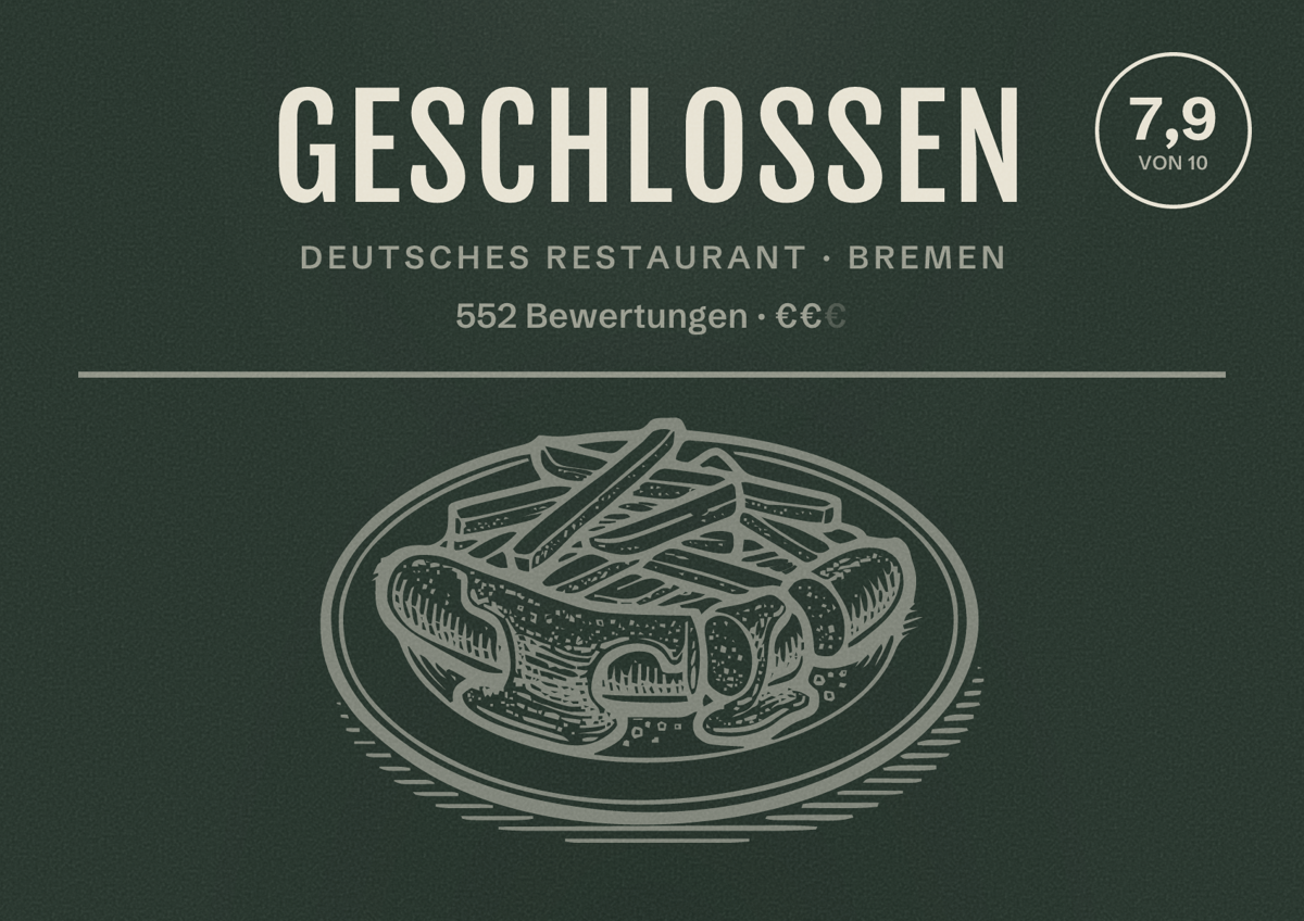 Illustriertes Poster von Geschlossen, Deutsches Restaurant in Bremen: Bewertung 7,9 von 10 aus 552 Bewertungen, Preisniveau €€