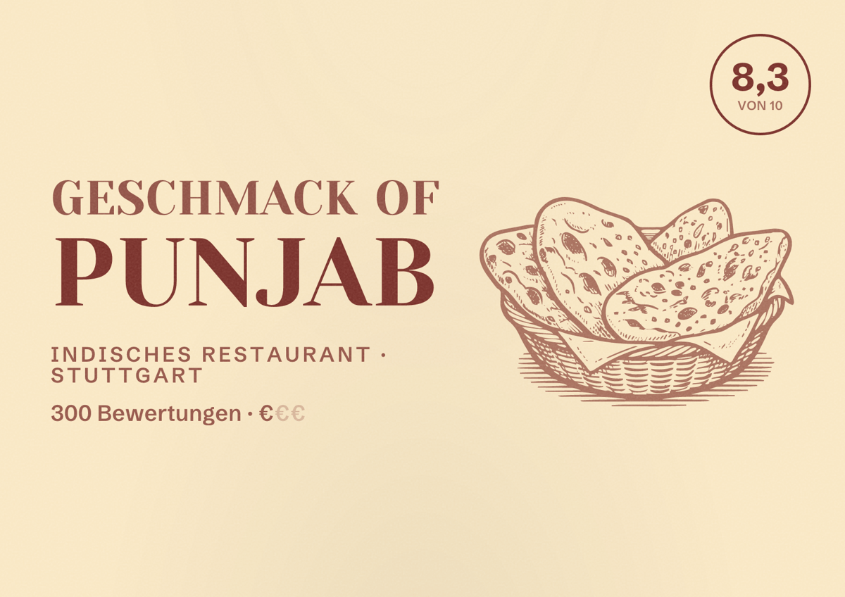 Illustriertes Poster von Geschmack of Punjab, Indisches Restaurant in Stuttgart: Bewertung 8,3 von 10 aus 300 Bewertungen, Preisniveau €