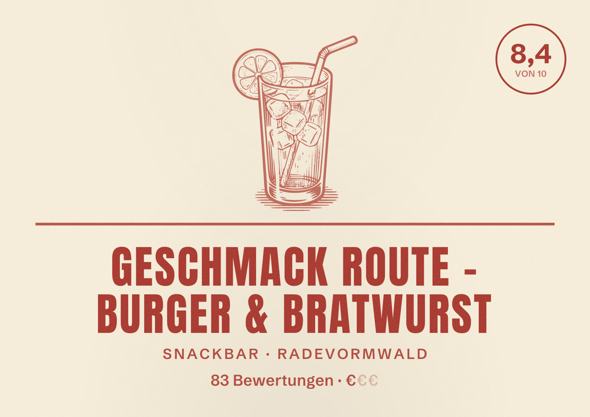 Illustriertes Poster von Geschmack Route - Burger & Bratwurst, Snackbar in Radevormwald: Bewertung 8,4 von 10 aus 83 Bewertungen, Preisniveau €