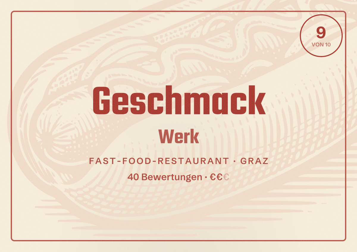 Illustriertes Poster von Geschmack Werk, Fast-Food-Restaurant in Graz: Bewertung 9 von 10 aus 40 Bewertungen, Preisniveau €€