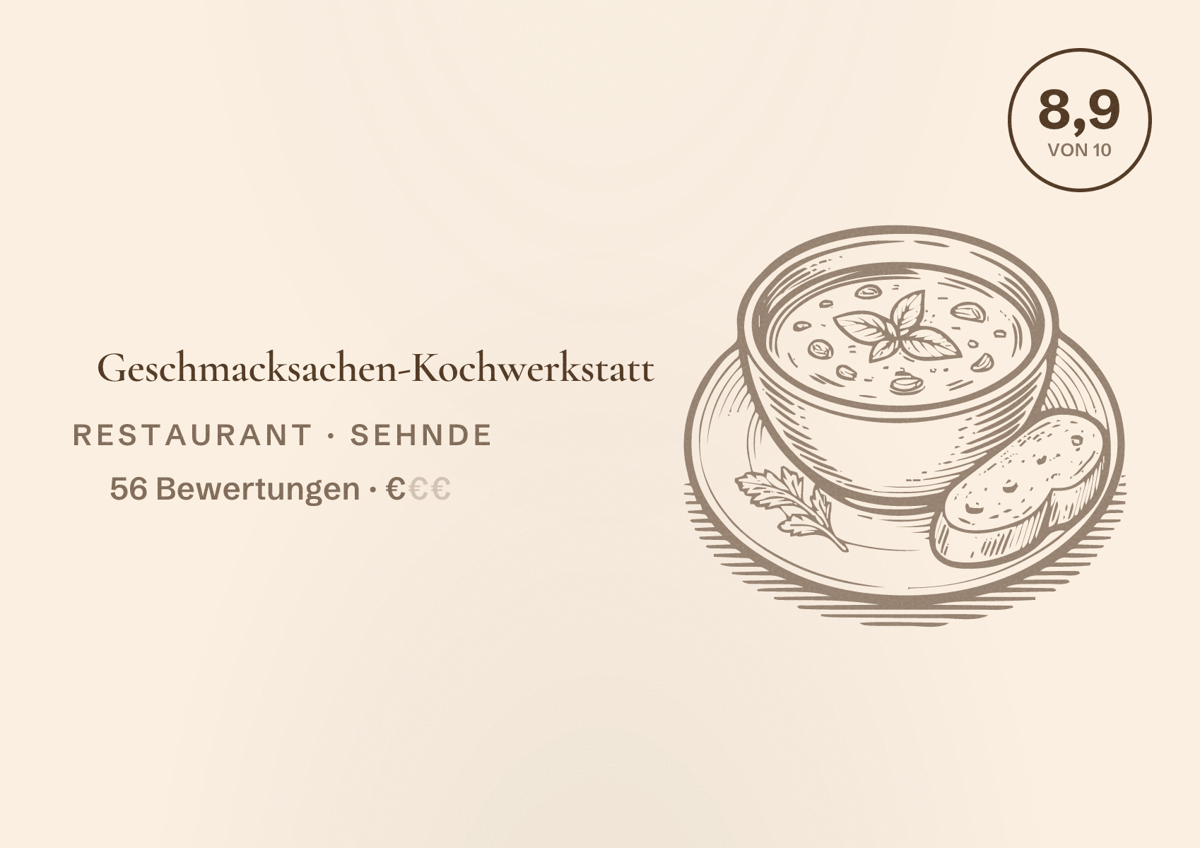Illustriertes Poster von Geschmacksachen-Kochwerkstatt, Restaurant in Sehnde: Bewertung 8,9 von 10 aus 56 Bewertungen, Preisniveau €