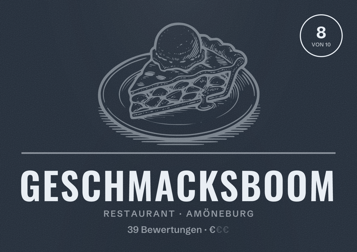 Illustriertes Poster von geschmacksBOOM, Restaurant in Amöneburg: Bewertung 8 von 10 aus 39 Bewertungen, Preisniveau €