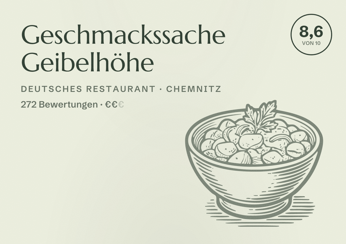 Illustriertes Poster von Geschmackssache Geibelhöhe, Deutsches Restaurant in Chemnitz: Bewertung 8,6 von 10 aus 272 Bewertungen, Preisniveau €€