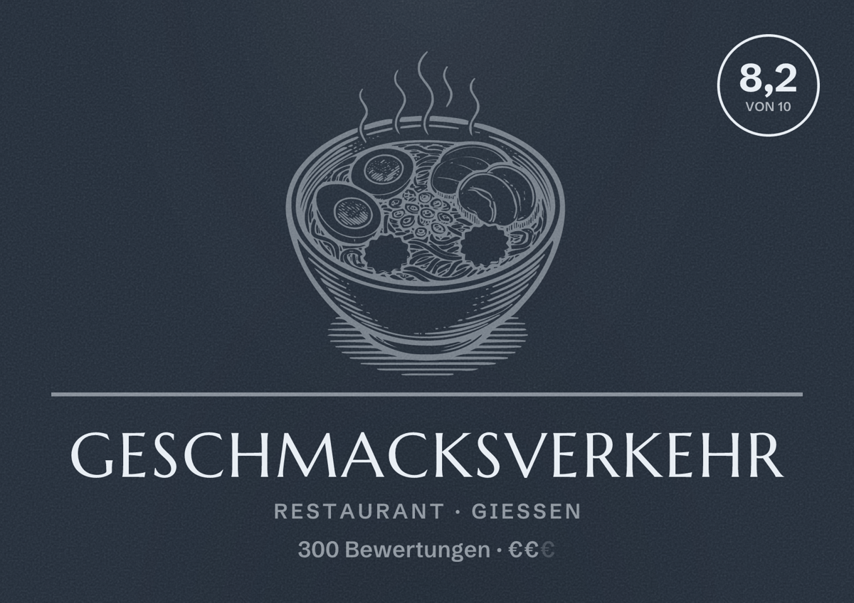 Illustriertes Poster von Geschmacksverkehr, Restaurant in Gießen: Bewertung 8,2 von 10 aus 300 Bewertungen, Preisniveau €€