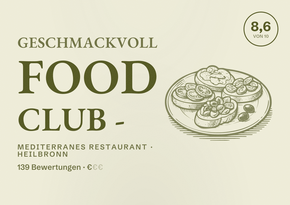 Illustriertes Poster von Geschmackvoll Food Club -, Mediterranes Restaurant in Heilbronn: Bewertung 8,6 von 10 aus 139 Bewertungen, Preisniveau €