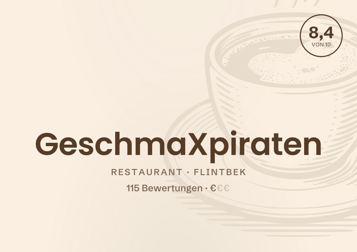 Illustriertes Poster von GeschmaXpiraten, Restaurant in Flintbek: Bewertung 8,4 von 10 aus 115 Bewertungen, Preisniveau €