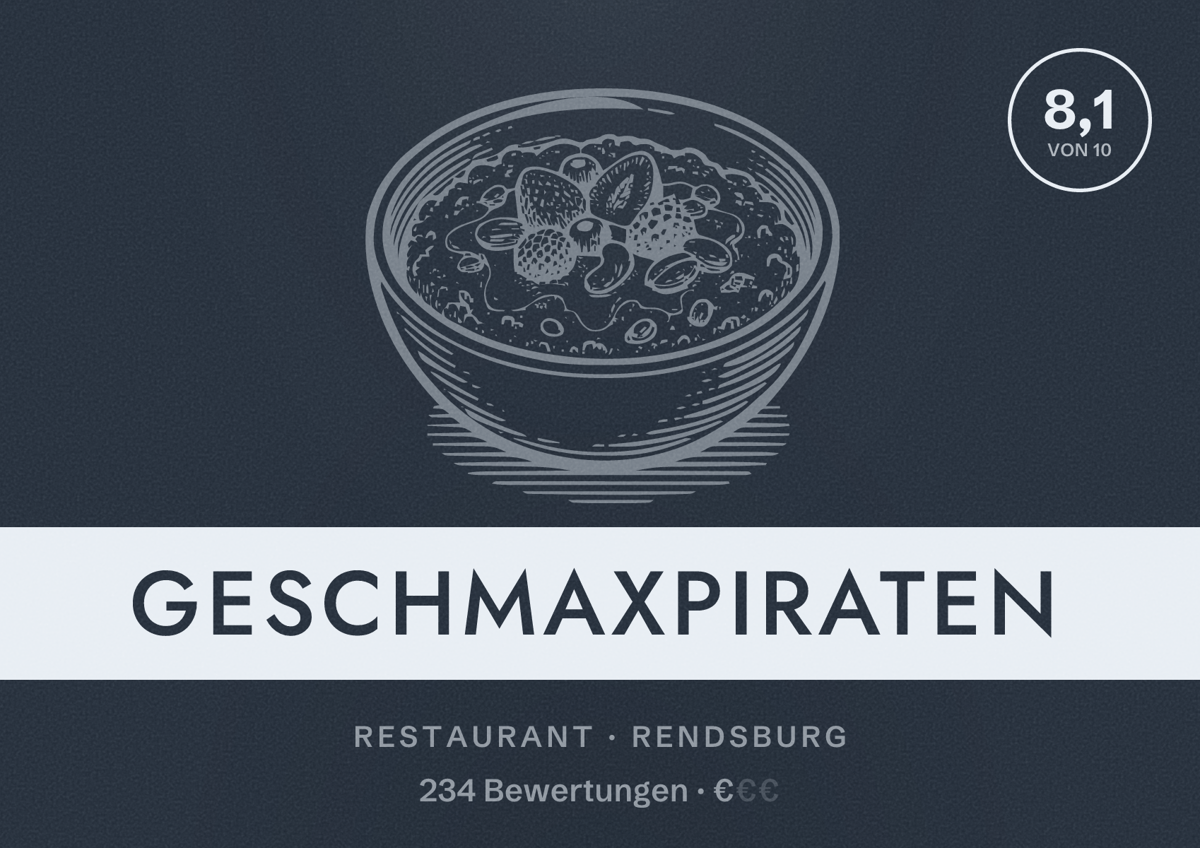 Illustriertes Poster von GeschmaXpiraten, Restaurant in Rendsburg: Bewertung 8,1 von 10 aus 234 Bewertungen, Preisniveau €