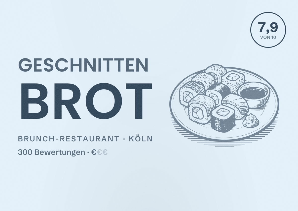 Illustriertes Poster von Geschnitten Brot, Brunch-Restaurant in Köln: Bewertung 7,9 von 10 aus 300 Bewertungen, Preisniveau €