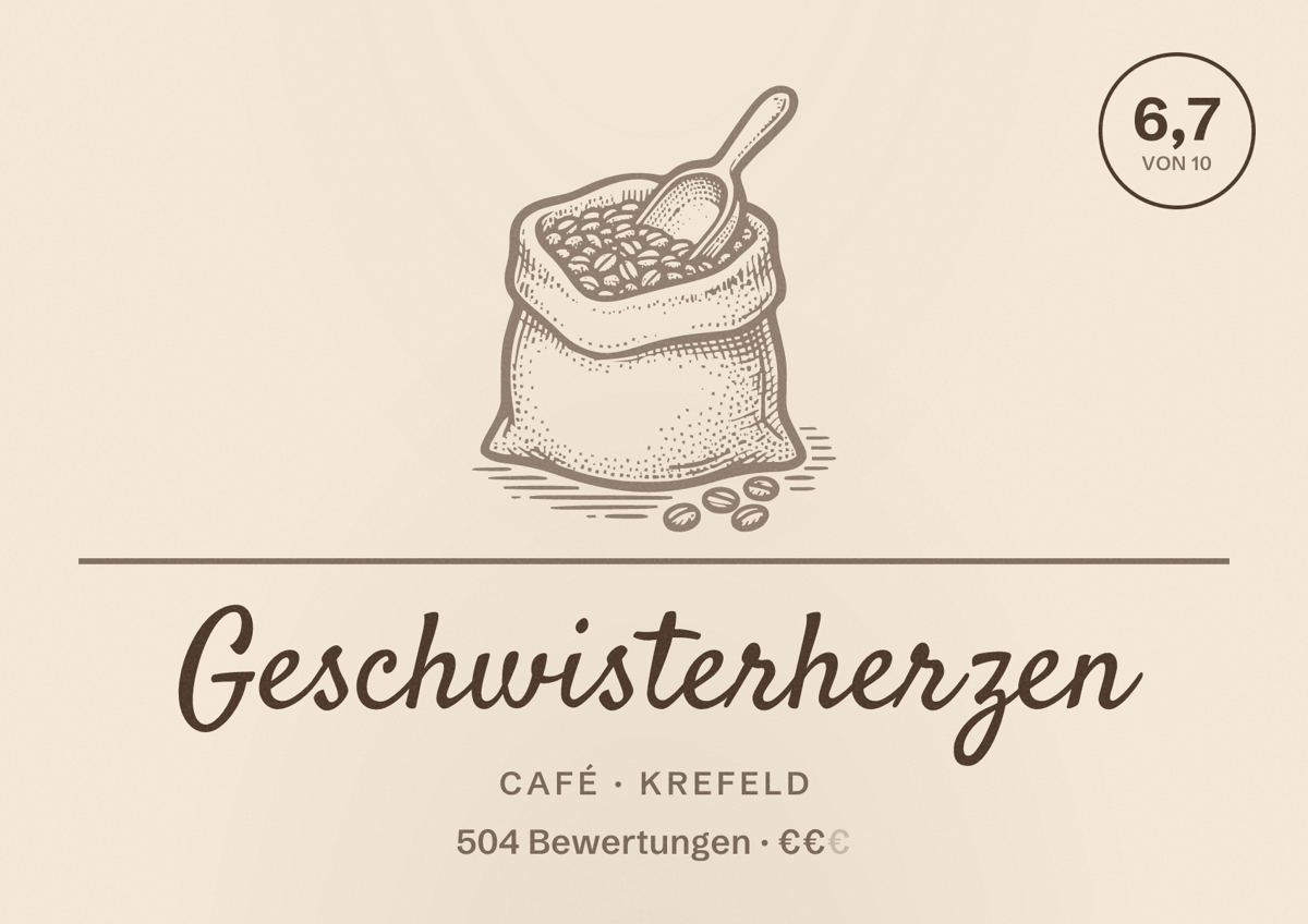 Illustriertes Poster von Geschwisterherzen, Café in Krefeld: Bewertung 6,7 von 10 aus 504 Bewertungen, Preisniveau €€