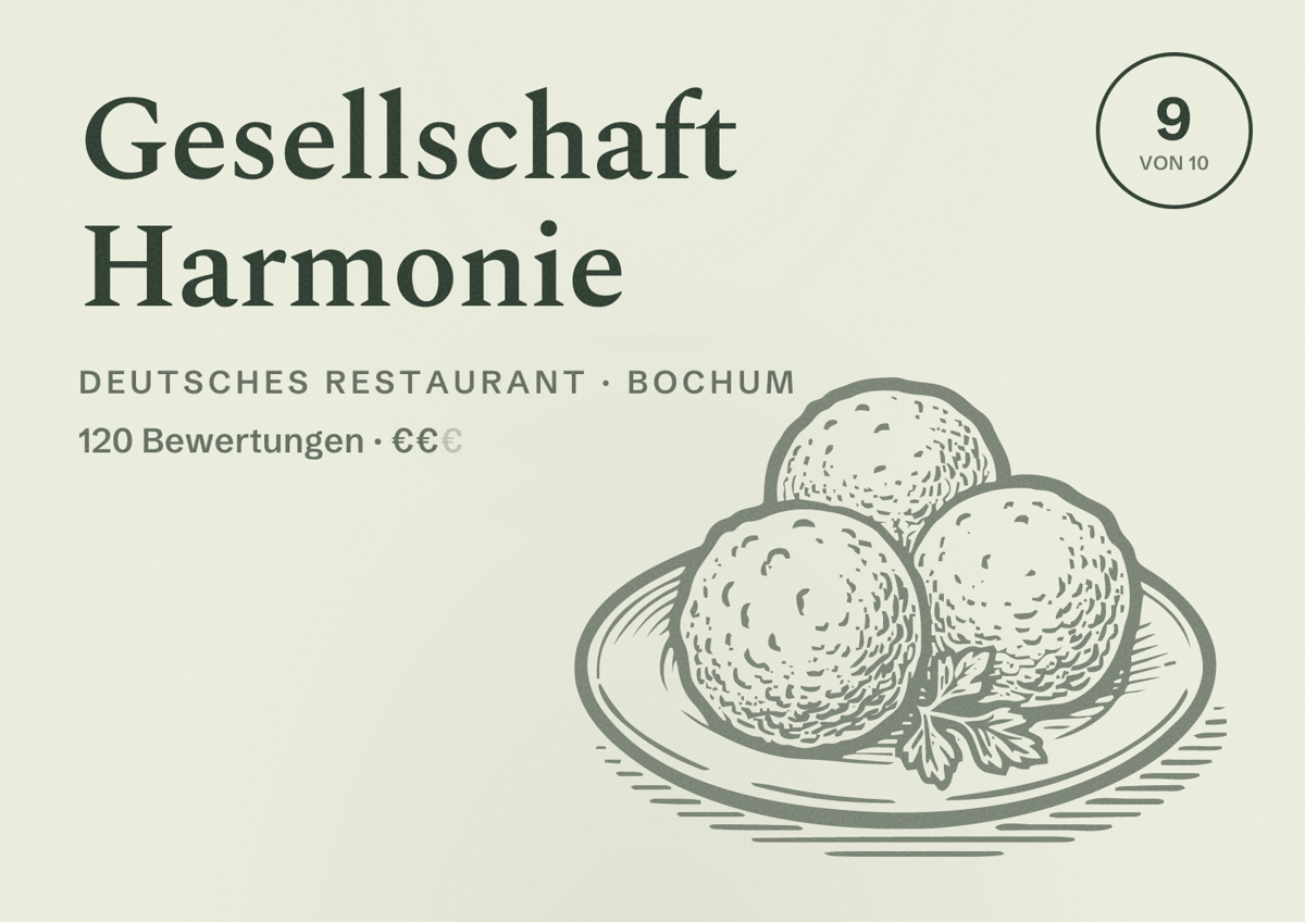 Illustriertes Poster von Gesellschaft Harmonie, Deutsches Restaurant in Bochum: Bewertung 9 von 10 aus 120 Bewertungen, Preisniveau €€