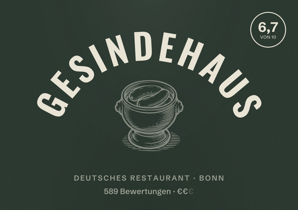 Illustriertes Poster von Gesindehaus, Deutsches Restaurant in Bonn: Bewertung 6,7 von 10 aus 589 Bewertungen, Preisniveau €€