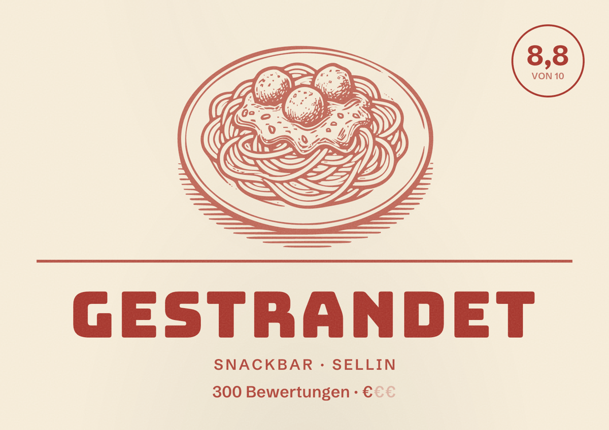 Illustriertes Poster von Gestrandet, Snackbar in Sellin: Bewertung 8,8 von 10 aus 300 Bewertungen, Preisniveau €