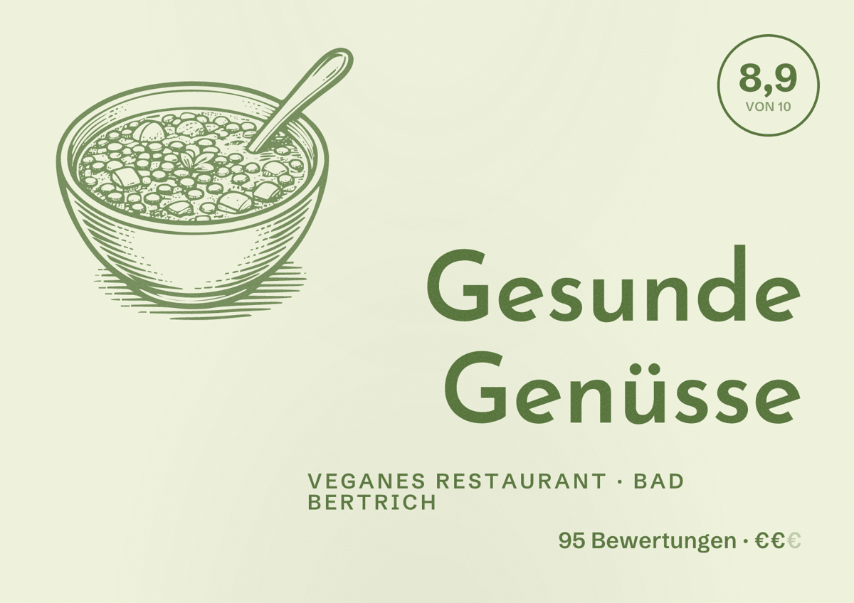 Illustriertes Poster von Gesunde Genüsse, Veganes Restaurant in Bad Bertrich: Bewertung 8,9 von 10 aus 95 Bewertungen, Preisniveau €€