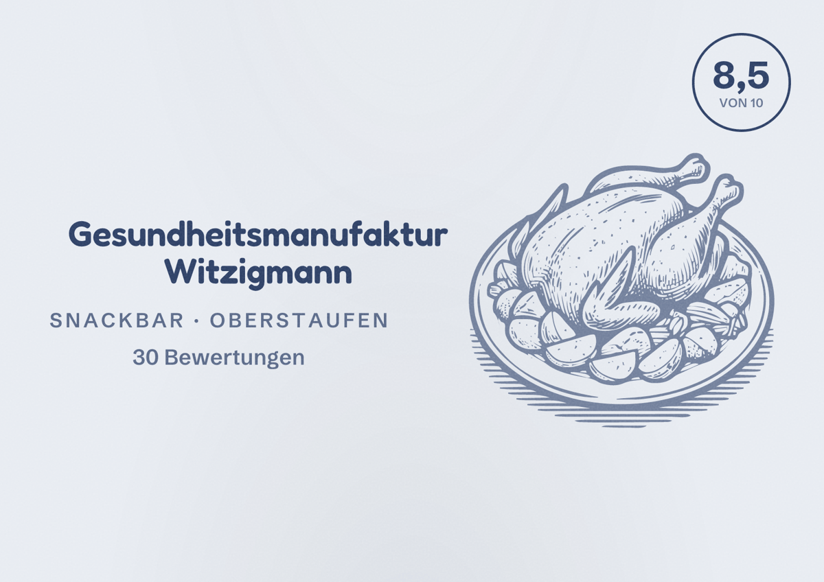 Illustriertes Poster von Gesundheitsmanufaktur Witzigmann, Snackbar in Oberstaufen: Bewertung 8,5 von 10 aus 30 Bewertungen