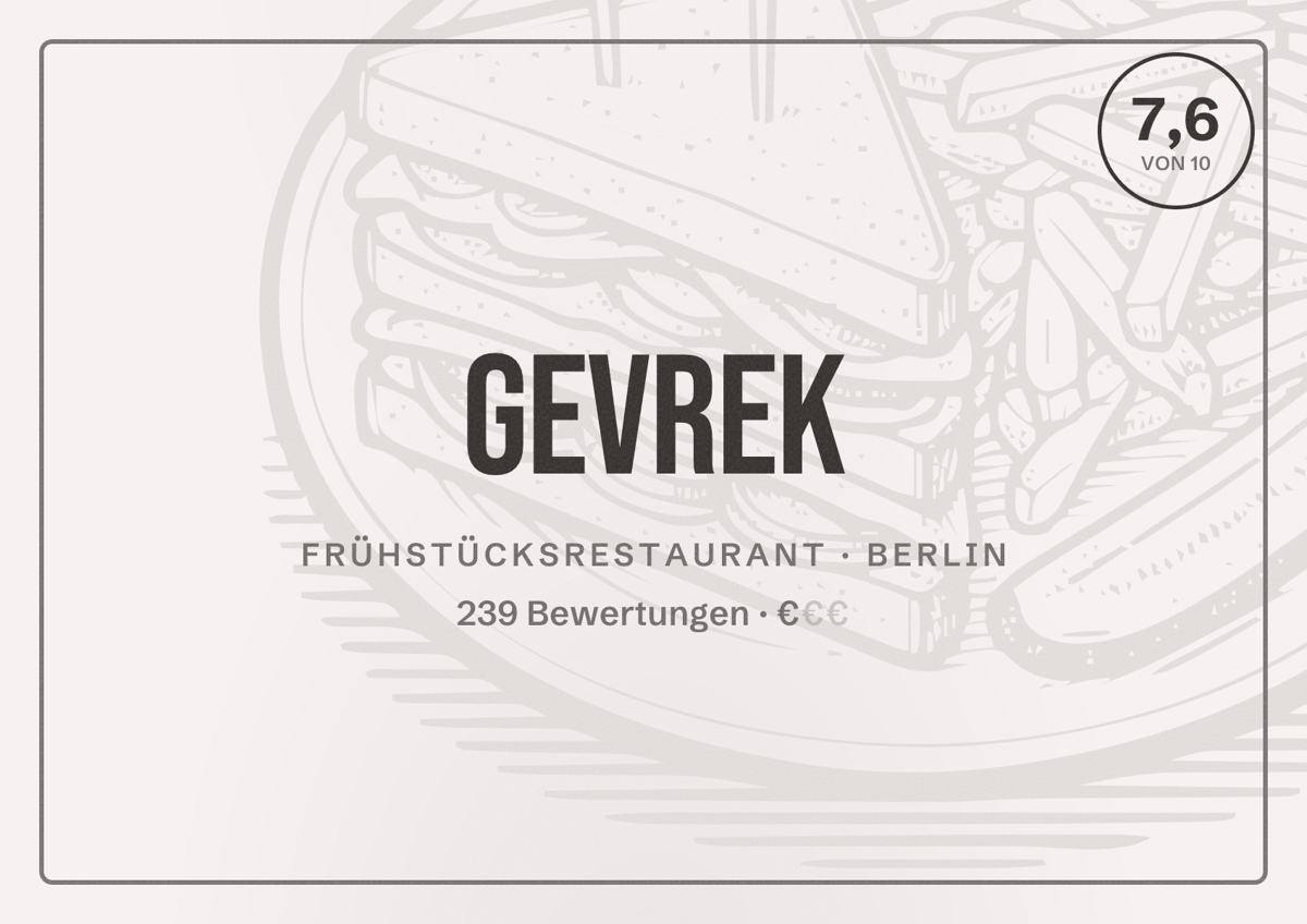 Illustriertes Poster von Gevrek, Frühstücksrestaurant in Berlin: Bewertung 7,6 von 10 aus 239 Bewertungen, Preisniveau €