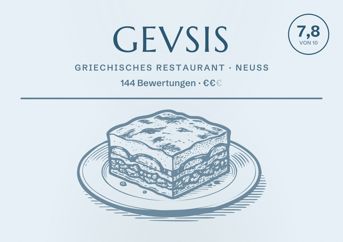 Illustriertes Poster von GEVSIS, Griechisches Restaurant in Neuss: Bewertung 7,8 von 10 aus 144 Bewertungen, Preisniveau €€