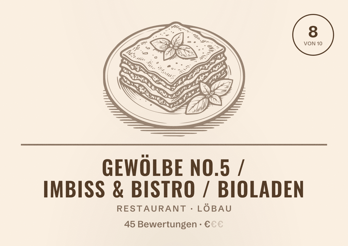 Illustriertes Poster von Gewölbe No.5 / Imbiss & Bistro / Bioladen, Restaurant in Löbau: Bewertung 8 von 10 aus 45 Bewertungen, Preisniveau €