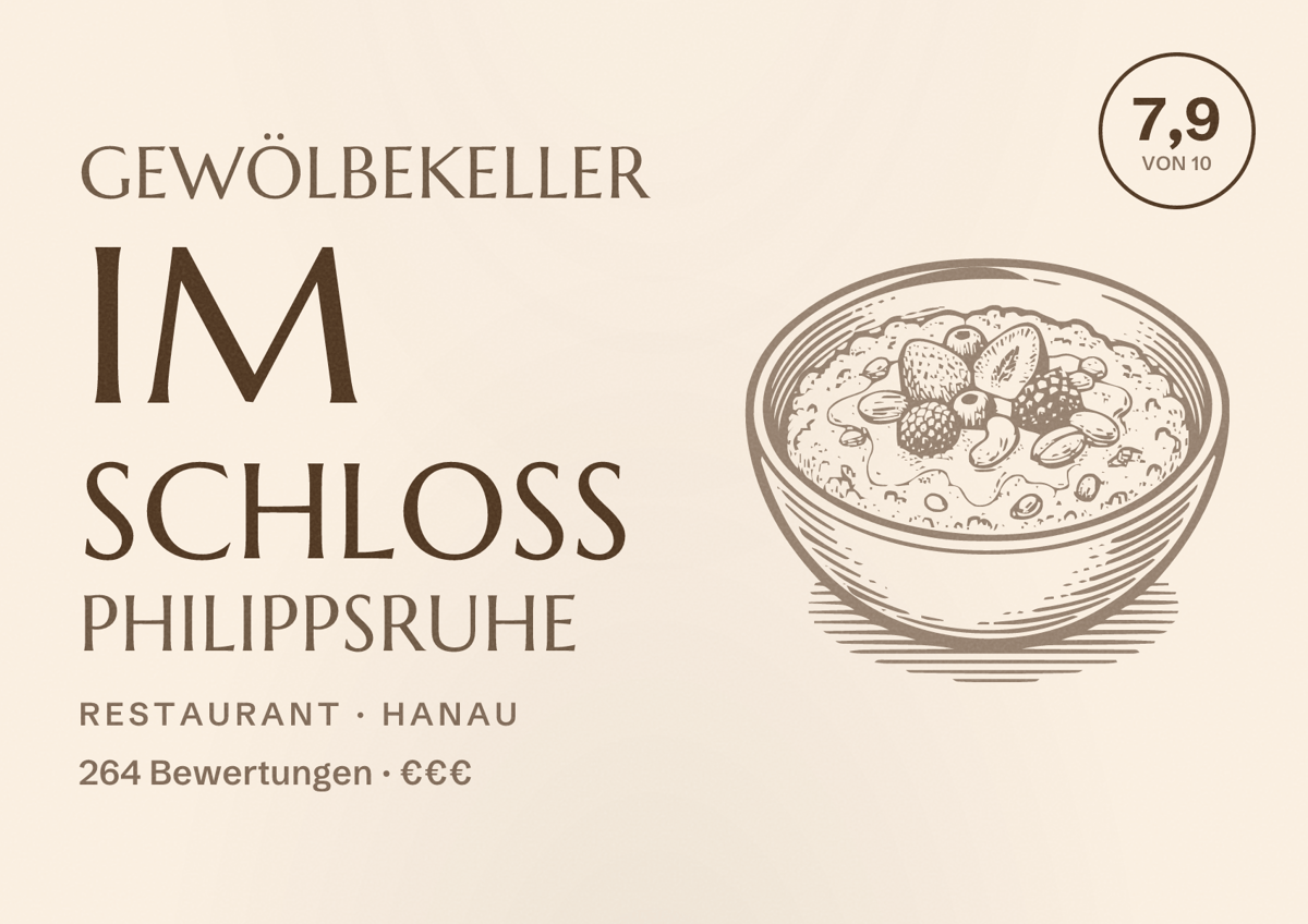 Illustriertes Poster von Gewölbekeller im Schloss Philippsruhe, Restaurant in Hanau: Bewertung 7,9 von 10 aus 264 Bewertungen, Preisniveau €€€